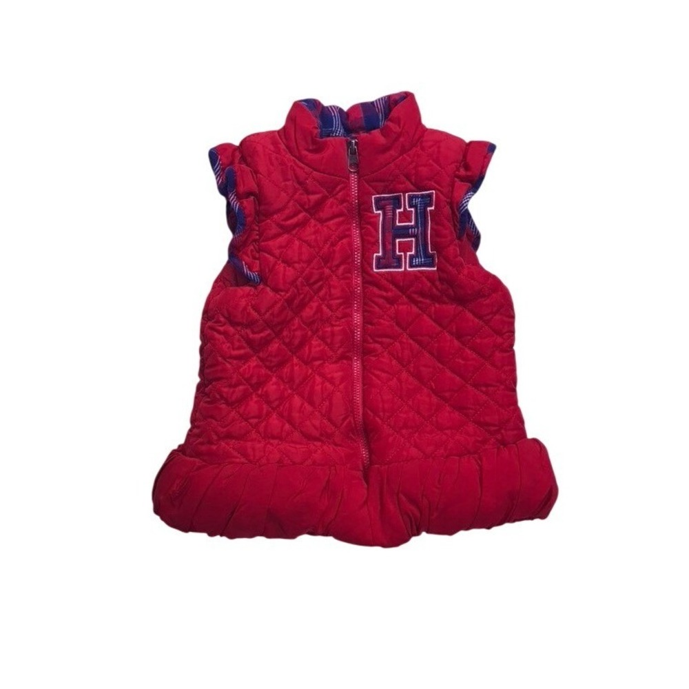 Tommy Hilfiger Quilted‎ Vest Kids 3T Red  Ruffle Hem Plaid Trim Puffer